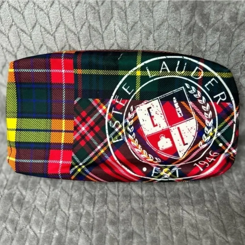 Estee Lauder Plaid Tartan Cosmetic Zipper Make Up Bag with Tassle & Big Logo